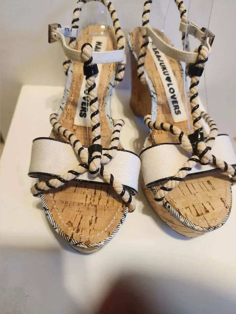 NEW Rare Y2K Harajuku Lovers Rope Strap Cork Platform Sandals Heels Sz. 7.5